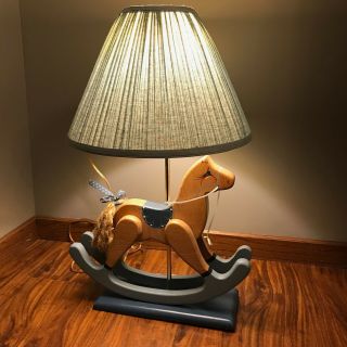 Vtg Wooden Rocking Horse Table Lamp Baby or Children’s 1990s with Lamp Shade 2