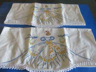 Vtg.  Hand Embroidered Pillowcases Southern Bell Design Crocheted Edges