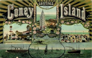 1911 York Postcard: Beach Surf Ave Dreamland Greetings From Coney Island,  Ny
