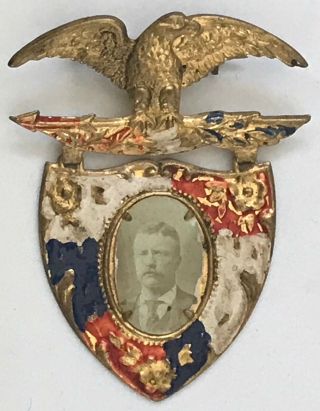 Teddy Roosevelt 1904 Badge 2 " X 1.  5 " Brass With Attached Photo