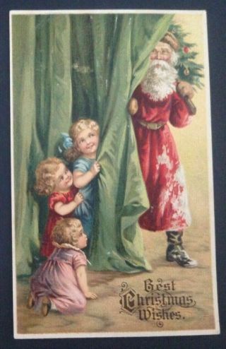 Children Peek Behind Curtain At Santa Claus Antique Christmas Postcard - K316