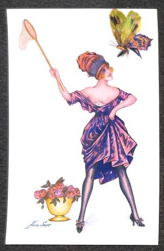 France Xavier Sager Glamour Woman Butterfly Net Add - On Novelty Postcard (c.  1910)