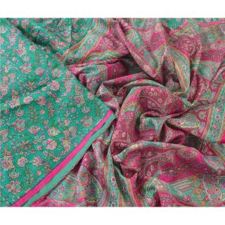 Sanskriti Vintage Green Saree 100 Pure Silk Printed 5 Yard Sari Craft Fabric
