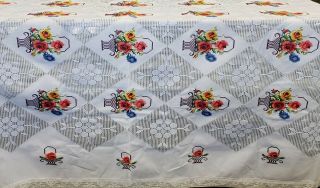 62 " X 90 " Cross Stitch & Open Lace Floral Baskets Tablecloth/topper
