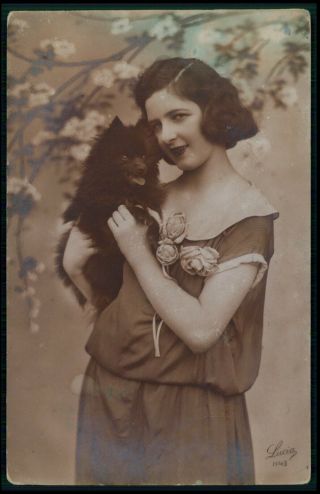Pretty Lady Hold Her Schipperke Dog Old 1910s Photo Postcard