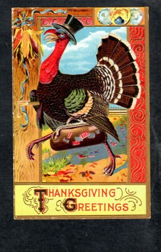 C734 Postcard Artist Designed Thanksgiving Dressed Turkey In Top Hat And Bag