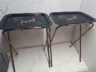 Vintage Metal Tv Lunch Activity Tray With Fold - Up Legs Deer On Them