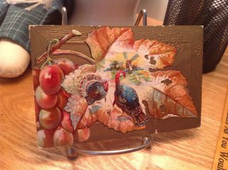 Vintage Thanksgiving Postcard Turkey Scene On Orange Leaf,  Gold Wood Frame