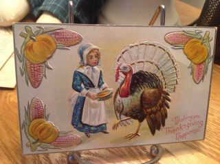 Vintage Thanksgiving Postcard Girl In Blue Feeding Turkey With Dish,  Silver Brdr