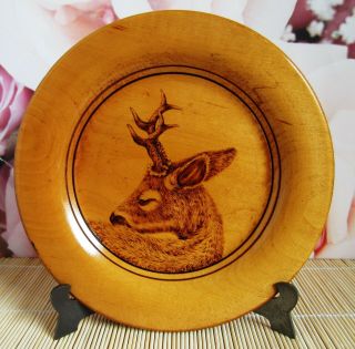 Plate,  Wood,  Decorated With A Lovely Deer,  Vintage