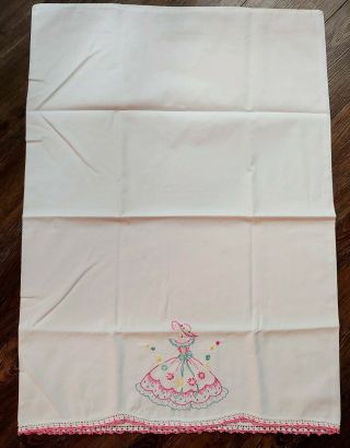 Vintage Southern Belle Floral Embroidered Pair Pillowcases crochet pink trim 5