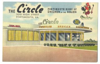 Portsmouth Va - Circle Restaurant - 1952 Linen Postcard - Chicken In Rough Rare