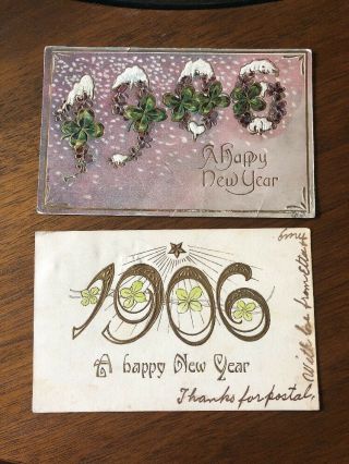 2 Antique Postcard Embossed Happy Year 1906 Four Leaf Clover Gold