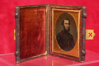 Antique 1/9 Plate Tintype/ambrotype Hand - Tinted Image In Hinged Leather Frame