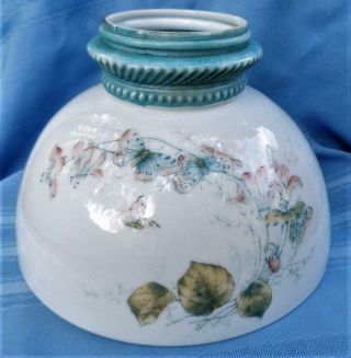Antique Glass Hand Painted Kerosene Oil Lamp Shade Butterflies Flowers 10 " Wide