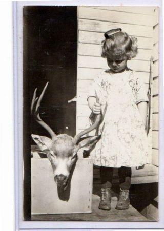 (2) Real Photo Postcards Rppc - Girl With Deer Head - Boy With Deer Head Hunting