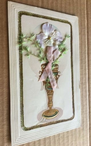 Vintage Postcard - Silk Flower In Vase With Silk Ribbon 1907
