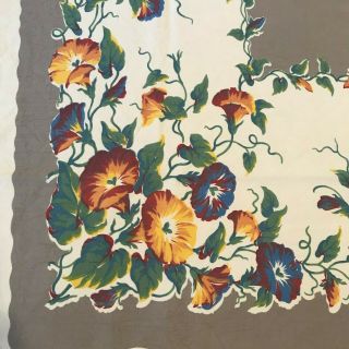 Vintage Mid - Century Floral Tablecloth 48x51 Gray Blue Yellow Cotton
