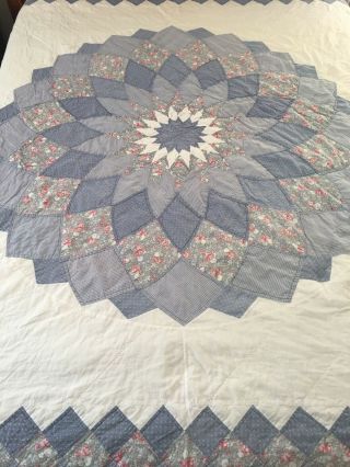 Vintage Hand Crafted & Quilted Blue Giant Dahlia Quilt 80 " X 82 "