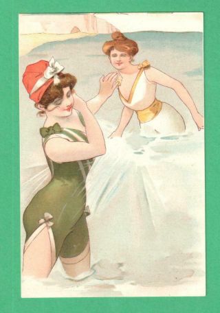 Vintage Bathing Beauties Art Postcard Ladies Swimsuits Splash In Surf Beach