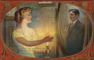 Halloween Woman Sees Man In Mirror C1910 Postcard Vg - Exc Cond
