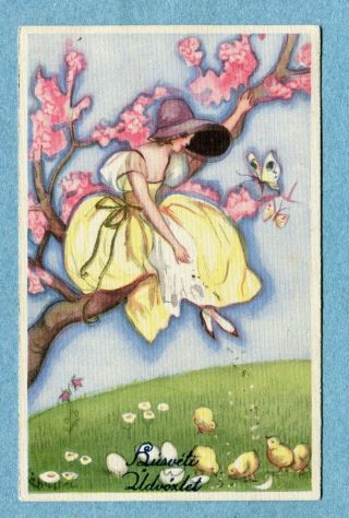 A2490 Postcard Gilt Chiostri Happy Easter,  Woman In Yellow,  Flowering Tree