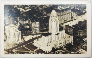 Old Real Photo Postcard Rppc Aerial View Of City Hall Los Angeles,  California Ca