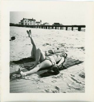 Vintage Photo Snapshot - Girls At The Beach - One W Legs In The Air - Swimsuits