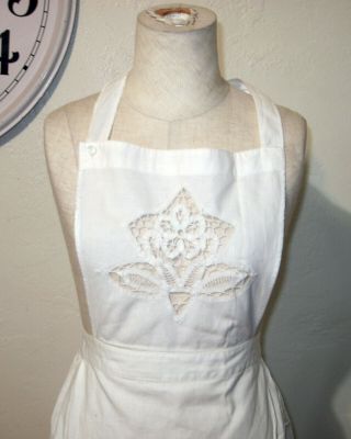 Vintage White Full Bib Apron With Flower Cutouts Cotton Retro