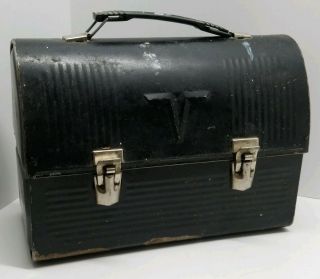 Vtg Antique American Thermos " V " Black Metal Dome Top Lunch Box King Seeley Kst