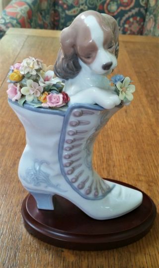8 3/4 " Figurine Of A Puppy/ Dog In A Shoe With Surrounding Flowers Marked Lladro