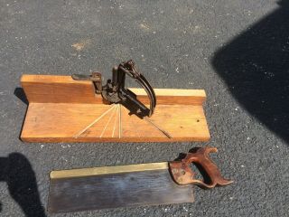 Vintage Antique Grove & Shoemaker London Spring Saw And Cast Iron Miter Saw Box