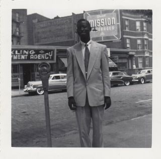 Vintage Photo Black Americana Well Dressed Man On City Street Classic Cars Signs