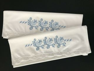 Vintage Pillowcases - Pair - Blue Design Hand Embroidered & White Crocheted Edging
