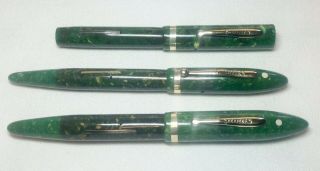 Three Vintage Sheaffer Jade Green Fountain Pens.  A Great Group Of Jade Sheaffers