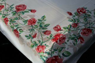 Vintage Cotton Kitchen Tablecloth Roses W Shadows 44x50