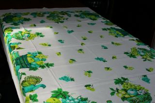 Vintage Cotton Kitchen Tablecloth Fab Color Fruit In Baskets 52x70