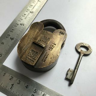 Brass Padlock Or Lock With Key,  Old Or Antique Unusual Shape Crown Mark