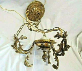 Old Electric Light Ceiling Fixture Cast Brass Hanging Lamp Fancy Canopy Rosette