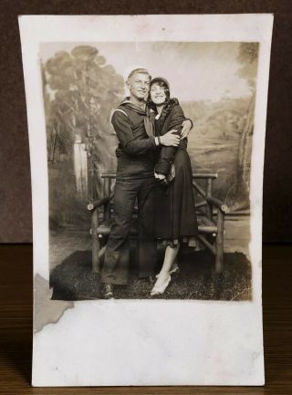 U.  S.  Navy Sailor And Girl Friend Real Photo Postcard Rppc View Early Military