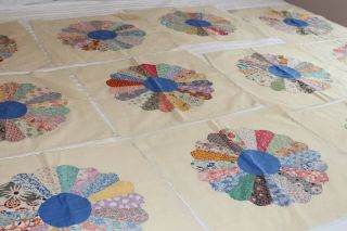 Vintage 12 Hand Stitched Dresden Plate Quilt Squares 7 1/2x17 1/2