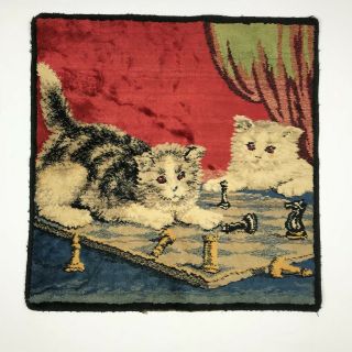 Vintage Kittens / Cats Playing Chess Velvet Tapestry / Wall Hanging Red Blue