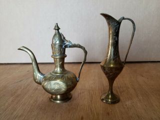 Vintage Sarna Brass Etched Teapot/pitcher & Small Pitcher/vase Made In India