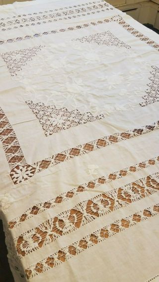 VTG Drawnwork Lace Tablecloth Floral Hand Embroidered White Linen 63x64 white 2