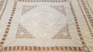VTG Drawnwork Lace Tablecloth Floral Hand Embroidered White Linen 63x64 white 5