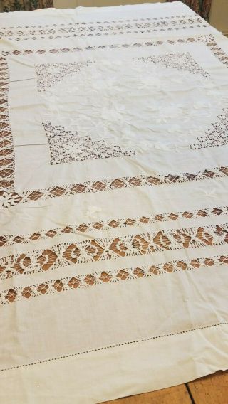 VTG Drawnwork Lace Tablecloth Floral Hand Embroidered White Linen 63x64 white 8