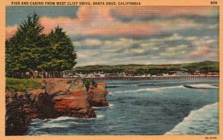 Santa Cruz,  Ca,  Pier & Casino From West Cliff Drive,  1938 Vintage Postcard G2119