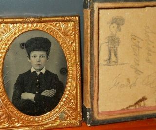 1/9th Plate Ambrotype Of Young Man With Message And Drawing Inside Half Case