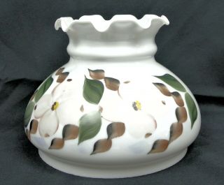 7 " Fitter White Hand Painted Dogwood Flowers Milk Glass Student Oil Lamp Shade
