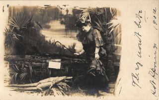 1906 Hot Springs Souvenir Rppc Woman W/ Alligator Props Arkansas Garland County